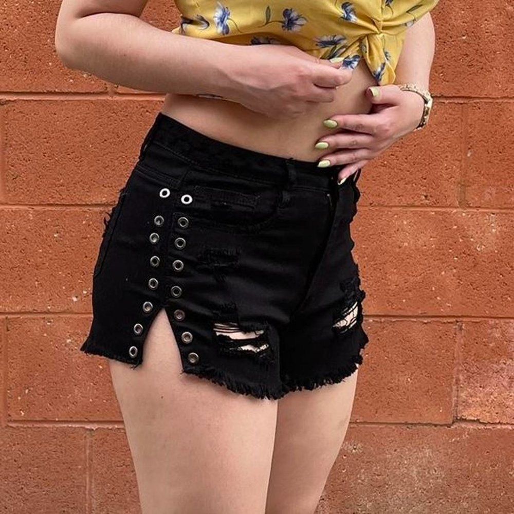 Black Distressed Grommet Shorts